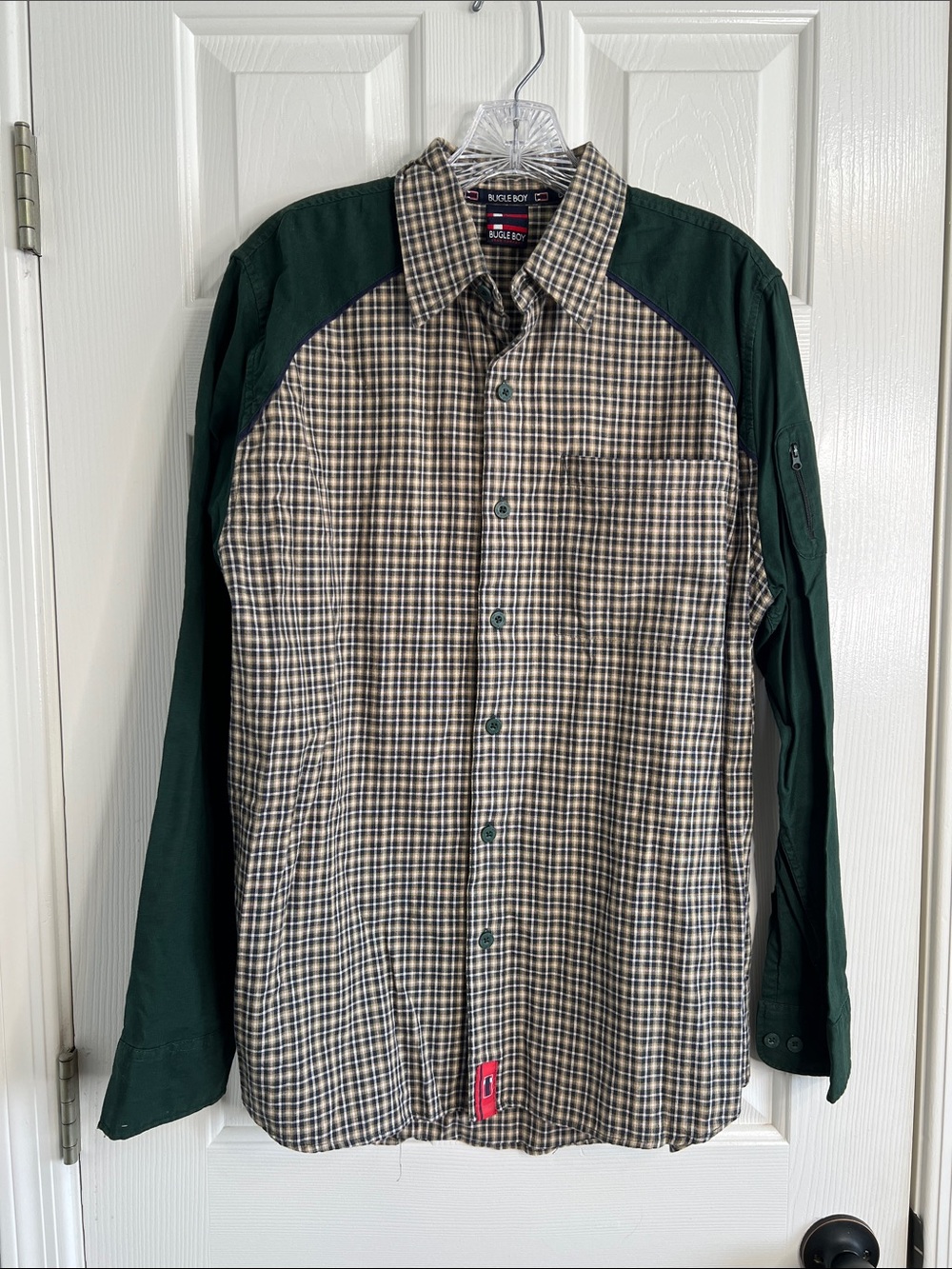 Vintage Bugle Boy green tan plaid button down men’s shirt Medium